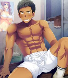 1boy abs blush boxer boxer_briefs boxers boxers_(clothing) bulge eight_pack erect_penis erection erection_under_clothes female female_in_background futase_hikaru human human_only locker_room looking_at_another lunatique male male_focus male_only muscle muscles original original_character penis poster poster_(object) smile socks solo sweat teeth tissues underwear white_underwear