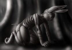 1boy balls drooling horror hr_giger lagomorph male male_only monochrome mot nude rabbit saliva shiny slimy solo transformation