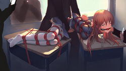 1girls 4boys arms_behind_back ball_gag blue_eyes bondage bound bound_to_desk breasts brown_hair collar desk faceless faceless_male female gag gagged highres hiiragi_asuka leash long_hair lying_on_desk multiple_boys on_desk on_side one_eye_closed rape rope saliva school_desk school_uniform tears thighhighs tied_up tokinohimitsu tokyo_xanadu