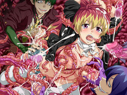 2boys amaimon ao_no_exorcist arms_behind_head blue_hair boots breasts censored cleavage cum ejaculation facial_hair goatee green_hair kirigakure_shura lactation lolita_channel mephisto_pheles multicolored_hair necktie nipples no_bra open_clothes open_mouth penis pink_eyes ponytail rape short_hair sleeves_rolled_up striped striped_necktie tear tentacle tentacle_pit tentacle_rape thighhighs tied_hair ugly_man white_legwear