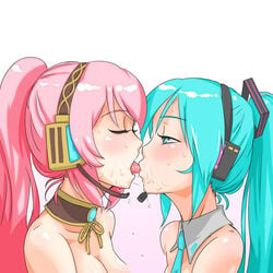 2girls aqua_eyes aqua_hair biting closed_eyes female female_only hatsune_miku headphones jt_dong-agyoku kissing megurine_luka multiple_girls necktie pink_hair ponytail saliva tied_hair tongue vocaloid yuri