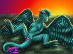 2011 anus dragon female horn nude on_back outside pussy solo spread_legs spread_pussy spreading sunset survion teal wings