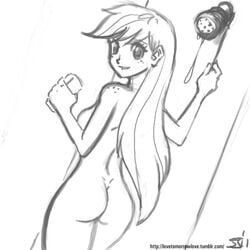 1girls applejack_(mlp) ass breasts female female_only freckles friendship_is_magic human humanized john_joseco lip_biting monochrome my_little_pony nude rear_view shoulder_freckles shower shower_head sideboob smooth_skin soap solo water