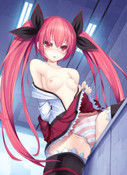 antenna_hair bare_shoulders blush breasts date_a_live dobunezumi female flat_chest highres itsuka_kotori long_hair looking_at_viewer masturbation nipples open_clothes open_mouth open_shirt panties red_eyes red_hair shimapan shirt skirt skirt_lift solo straddling striped striped_panties table_humping thighhighs tied_hair twintails underwear very_long_hair