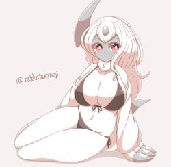 1girls 2021 absol anthro big_breasts bikini female female_only generation_3_pokemon jacket_off_shoulders light_blush long_hair looking_at_viewer nintendo on_side pokemon pokemon_(species) red_eyes sitting solo takkatakanoji white_hair