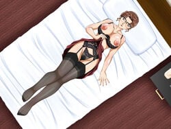 1girls artist_request bed bra breasts brown_hair detective_conan eri_kisaki female garter_straps glasses human large_breasts lawyer lingerie mature milf mother nipples pale-skinned_female pale_skin panties purple_eyes short_hair solo tagme thighhighs tied_hair