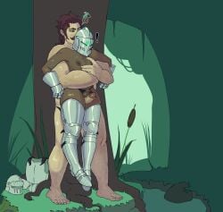 2boys body_armor carrying_partner dark-skinned_femboy dark-skinned_male femboy gauntlets gay_sex girly helmet knight leg_armor light-skinned_male mostly_nude mostly_nude_male penis penis_through_leghole spicemanart thong thong_aside tree woods yaoi