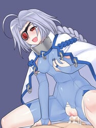 blazblue blush bodysuit braid cloak cowgirl_position cum erect_nipples eye_patch female medium_breasts nipple_bulge nu-13 pale_skin red_eyes sex single_braid smile tagme torn_clothes uncensored vaginal_penetration