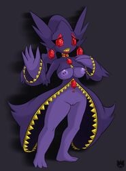 1girls 2017 anthro anthrofied areola banette barefoot big_breasts breasts clothed clothing ear_piercing fan_character fusion gem ghost grey_background hair huge_breasts hybrid latiar mega_banette mega_evolution mega_sableye navel nintendo nipple_piercing nipples partially_clothed piercing pokemon pokemon_rse pokemorph purple_hair purple_nipples purple_skin pussy red_eyes sableye sharp_teeth simple_background solo spirit teeth video_games yellow_teeth