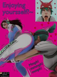 3d 3d_(artwork) 3d_background 3d_model 3d_render 3dbabes 3dcg ass ass_focus ass_up big_ass d.va d.va_(overwatch_2_suit) dva gamer_girl gay green_hair kiriko_(overwatch) overwatch overwatch_2 pink pink_background yuri yuri