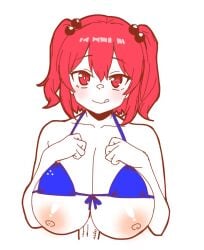 :q bikini blue_bikini blush breasts closed_mouth collarbone commentary_request female hair_bobbles hair_ornament large_breasts looking_at_viewer nipples onkn_sxkn onozuka_komachi paizuri penis red_eyes red_hair simple_background smile solo_focus swimsuit tongue tongue_out touhou two_side_up upper_body white_background