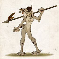 anthro areola armpits breasts feline female lynx mammal melee_weapon nicnak044 nicole_(nicnak044) nude pinup polearm pose pussy solo spear warrior weapon