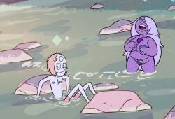 2024 2girls accurate_art_style alternate_version_available amethyst_(steven_universe) areolae big_breasts blue_eyes breasts cartoon_network duo embarrassed embarrassed_nude_female female_only flat_chest gem_(species) hairy_pussy nude nude_female nude_filter pearl_(steven_universe) pubes pubic_hair purple_body purple_skin pussy pussy_lips screenshot self_upload steven_universe su_edits vagina water white_hair