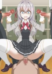 1girls 3boys absurd_res alisa_mikhailovna_kujou black_pants black_vest blue_eyes bowtie breasts censored cowgirl_position double_handjob embarrassed foursome gangbang grey_hair grey_jacket hair_ornament handjob head_out_of_frame imminent_sex kurumi_lv1 large_breasts light-skinned_female light-skinned_male light_skin locker locker_room long_hair looking_at_viewer male_pov mmmf_foursome mosaic_censoring multiple_boys multiple_penises navel pantyshot penis penis_out pov school_uniform shaded_face sitting sitting_on_person squatting stomach straddling thighhighs tokidoki_bosotto_russian_de_dereru_tonari_no_alya-san topless_male white_legwear white_panties white_shirt