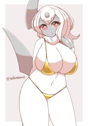 1girls 2023 absol anthro arm_behind_back big_breasts bikini female female_only generation_3_pokemon gold_bikini light_blush long_hair looking_at_viewer nintendo pokemon pokemon_(species) red_eyes solo takkatakanoji white_hair