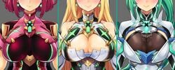 3girls armor bare_shoulders blonde_hair blush bodysuit breastplate breasts breasts_apart cleavage cleavage_cutout clothes_writing collarbone core_crystal detached_sleeves earrings ereraero facing_viewer female glowing grey_background head_out_of_frame highres impossible_bodysuit impossible_clothes jewelry large_breasts lips long_hair multiple_girls multiple_persona mythra_(xenoblade) nintendo pneuma_(xenoblade) pointy_chin ponytail pyra_(xenoblade) red_bodysuit red_hair shiny short_hair shoulder_armor shoulder_pads sidelocks simple_background skin_tight smile spoilers straight_hair upper_body xenoblade_(series) xenoblade_chronicles_2