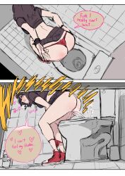 1girls 2koma ass beth_(biku) biku black_hair black_skirt blush breasts english_text have_to_pee necklace omorashi original panties panties_tag panty_pull peeing peeing_into_toilet red_panties red_shoes restroom restroom_stall skirt skirt_lift solo solo_female speech_bubble stained_panties sweat toilet toilet_use underwear urination urine wet wet_panties