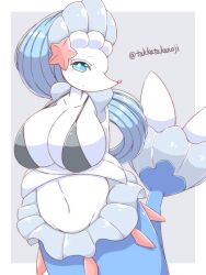 1girls 2022 anthro arms_under_breasts big_breasts bikini bikini_top blue_eyes blue_hair female female_only generation_7_pokemon light_blush long_hair looking_at_viewer nintendo pokemon pokemon_(species) primarina solo takkatakanoji