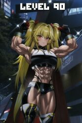 abs ai_generated biceps blonde_hair female gloves long_hair midriff muscular muscular_female obliques phantasy_star_online_2 red_eyes shiny_skin solo twintails veins very_long_hair