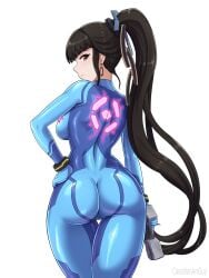 1girls ass black_hair bodysuit bubble_butt canadiananiguy eve_(stellar_blade) female female_only fully_clothed hand_on_hip hazel_eyes holding_weapon long_hair looking_at_viewer looking_back metroid nintendo ponytail rear_view samus_aran_(cosplay) shiny_clothes skin_tight solo stellar_blade tight_clothing zero_suit