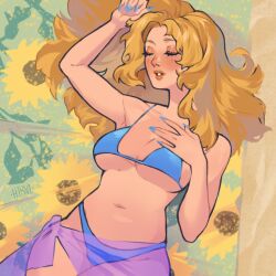 1girls big_breasts bikini bikini_bottom bikini_top blonde_hair busty curvy curvy_figure haley_(stardew_valley) hirvi painted_nails sleeping stardew_valley sunbathing