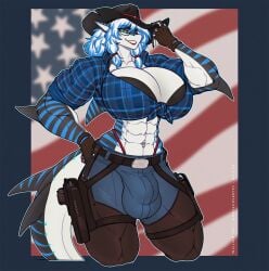 abs american_flag anthro belt belt_buckle big_breasts blue_bottomwear blue_clothing blue_eyes blue_jeans blue_pants bottomwear breasts buckle bulge chaps clothing cowboy_hat denim denim_bottomwear denim_clothing eyewear fingerless_gloves fish glasses gloves gun gun_holster gynomorph handgun handwear hat headgear headwear hi_res holster holstered_pistol intersex jeans marine muscular muscular_gynomorph muscular_intersex nika_sharkeh pants pattern_clothing pattern_shirt pattern_topwear pistol plaid plaid_clothing plaid_shirt plaid_topwear ranged_weapon shark shirt solo stripes topwear united_states_of_america weapon wmdiscovery93