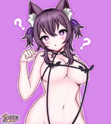 1girls 2d 2d_(artwork) animal_ears belly_button covered_nipples female female_focus female_only front_view heart-shaped_pupils high_resolution highres latam_virtual_youtuber light-skinned_female light_skin looking_at_viewer medium_breasts navel ny_okane purple_background purple_eyes purple_hair revealing_clothes short_hair simple_background slim_girl solo solo_female solo_focus standing virtual_youtuber vtuber vtuberfanart yeizer young younger_female