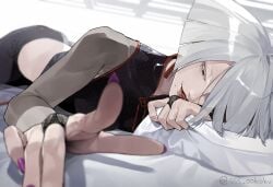 a.k.i. big_ass bob_cut chinese_clothes grey_hair long_nails looking_at_viewer lying lying_down lying_on_bed lying_on_side red_eyes slim_waist smiling sss_ookoku street_fighter street_fighter_6 thick_ass thick_thighs white_hair wide_hips yandere