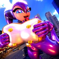 1girls 3d big_breasts blender blender_(software) blue_eyes bodysuit city_background female flying fully_clothed grabbing_own_breast large_breasts latex meat_corps nightmaren nights nights_into_dreams palisal purple_bodysuit sega shiny shiny_clothes solo solo_female tongue tongue_out