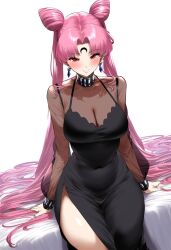 ai_generated big_breasts bishoujo_senshi_sailor_moon black_dress black_lady black_moon bun_hair chibi_usa clothing deko dress large_breasts pink_hair pink_hair_female