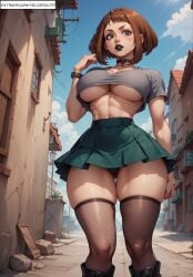 ai_generated alley fishnets goth_girl hourglass_figure my_hero_academia ochako_uraraka school_uniform skirt underboob velzevulito