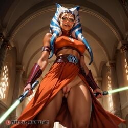 ahsoka_tano ai_generated clothing_aside dress lekku low-angle_view naikedart orange_skin partially_clothed pussy solo stable_diffusion star_wars star_wars:_the_clone_wars upskirt wardrobe_malfunction