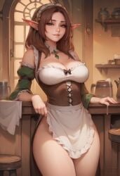 1girls absurd_res ai_generated anaslex barmaid big_breasts biting_lip biting_own_lip breasts brown_hair choker cleavage elf elf_ears elf_female freckles frills green_eyes headband hi_res kittew_(style) large_breasts long_hair pale-skinned_female pale_skin pointy_ears seductive seductive_look skirt_lift tavern tavern_wench thick_thighs thighs wide_hips