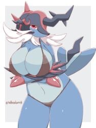 1girls 2022 anthro arms_under_breasts big_breasts bikini female female_only generation_8_pokemon hisuian_form hisuian_samurott looking_at_viewer nintendo pokemon pokemon_(species) red_eyes regional_form_(pokemon) samurott solo takkatakanoji thick_thighs