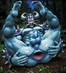 1boy abs ai_generated anal_gape anus armor ass balls bara blue_body blue_skin feet forest gape gaping gaping_anus gay hands_on_ass helmet horns humanoid kassadin league_of_legends legs_up lying_on_back male male_only mask mostly_nude muscle muscles muscular muscular_male night nipples pecs penis perineum presenting riot_games solo spikes spread_anus stable_diffusion yellow_eyes yellow_sclera