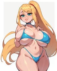 1girls ai_generated big_breasts bikini bimbo blonde_hair blue_bikini blue_eyes blue_swimwear breasts female female_only long_hair metroid navel nintendo rocksolidart samus_aran solo solo_female swimwear thick_thighs wide_hips