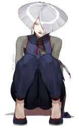 a.k.i. aroused_face aroused_smile big_ass bob_cut chinese_clothes crouching flats flirting flirting_with_viewer grey_hair hand_on_face long_nails looking_at_viewer red_eyes slim_waist sss_ookoku street_fighter_6 thick_ass thick_thighs white_hair wide_hips yandere