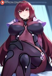 ai_generated bodysuit crossed_legs fate/grand_order fate_(series) from_below large_ass large_breasts long_hair looking_at_viewer mature_female primosan purple_hair red_eyes scathach_(fate) sitting standing very_long_hair