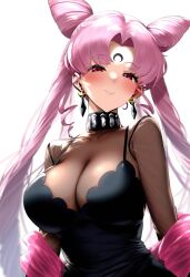 ai_generated big_breasts bishoujo_senshi_sailor_moon black_dress black_lady black_moon blush bun_hair chibi_usa cleavage clothing deko dress large_breasts pink_hair pink_hair_female