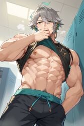 abs ai_generated alhaitham_(genshin_impact) genshin_impact gray_hair green_eyes gym gym_clothes locker_room male male_focus motoki_ro muscular muscular_male point_of_view shirt_up shorts sleeveless_shirt solo_male