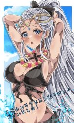 1girls alternate_costume armpits arms_up bikini black_bikini black_swimsuit blue_eyes blush bow breasts cleavage commission eir_(fire_emblem) eir_(summer)_(fire_emblem) female female_only fire_emblem fire_emblem_heroes flower flower_necklace gold_tiara grey_hair hairbow highres japanese_text large_breasts lei long_hair navel nintendo official_alternate_costume open_mouth ponytail shiki_(kisikisi1007) sidelocks skeb_commission swimsuit text tiara translation_request water