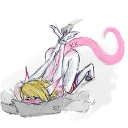 1boy 69iq anthro blonde_hair blush blushing_ears blushing_male blushing_profusely character_request earthbound_(series) face_down_ass_up face_in_pillow gieeg hands_tied hands_tied_behind_back kneehighs long_ears long_tail male_only mother:_cognitive_dissonance niiue nintendo pink_tail striped_knee_socks striped_kneehighs tearing_up tears white_skin