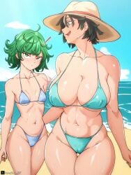 2girls bare_arms bare_legs bare_shoulders bare_thighs beach big_breasts bikini bikini_bottom bikini_top breast_size_difference clothed clothing color esper_sisters female female_focus female_human female_only fit_female fubuki_(one-punch_man) green_eyes green_hair hat hi_res hourglass_figure huge_breasts human large_breasts light-skinned_female light_skin looking_at_viewer mature_female mother_daughter_boob_envy_(meme) nipples_visible_through_clothing one-punch_man petite sand sea short_hair sisters slim_waist small_breasts solo_female tatsumaki thick_thighs water wide_hips yurachan_bf