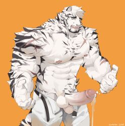 abs anthro arknights balls biceps big_balls big_penis cum erection genital_fluids humanoid_genitalia humanoid_penis hypergryph male male_nipples male_only mountain_(arknights) muscular_anthro muscular_male nipples nude orgasm pantherine pecs penis rcamerion studio_montagne tiger white_fur