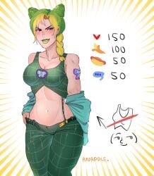 1girls anapple belly big_breasts blush blushing breasts clothed clothed_female eyes female female_focus female_only green_eyes green_hair green_hair_female green_lips green_pants green_topwear hair jojo's_bizarre_adventure jolyne_kujo light-skinned_female light_skin lips navel no_bra pants solo solo_female solo_focus stomach strip_game tattoo tattoo_on_arm thighs topwear tummy undressing waist