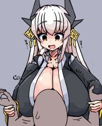 1girls breasts cleavage dragon_horns fate/grand_order fate_(series) female female_focus female_pervert gigantic_breasts gray_background hair_ornament horns huge_breasts japanese_clothes japanese_text kiyohime_(fate/grand_order) light-skinned_female light-skinned_male light_skin long_hair orange_eyes sukoburukurage white_hair