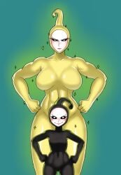 2016 2girls black_sclera black_skin black_sperm blush breasts cheek_spots colored_sclera colored_skin genderswap_(mtf) golden_sperm hands_on_hips large_breasts looking_at_viewer multiple_girls muscular muscular_female nail_polish navel no_pupils one-punch_man personification rule_63 rule_63 size_difference smiling smiling_at_viewer thegoldensmurf white_eyes yellow_skin