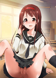 anus blush breasts brown_hair censored classroom clothing desk female highres idolmaster idolmaster_million_live! kaiga legs long_hair looking_at_viewer no_panties open_mouth pubic_hair pussy red_eyes school_uniform sitting skirt smile solo spread_legs tanaka_kotoha thighs