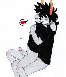 2boys anal ass black_hair blood blush closed_eyes facepaint gamzee_makara gay grey_skin heart homestuck horns karkat_vantas ms_paint_adventures pandemoniumincarnate penis pointy_ears sharp_teeth shirt short_hair smile speech_bubble spoken_heart troll white_background