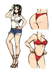 1girls ass biku bow bow_panties bra breasts brown_hair cleavage denim denim_shorts earrings elena_(biku) hand_on_hip jean_shorts looking_at_viewer navel original original_character panties red_bra red_panties shorts simple_background solo solo_female sunglasses sunglasses_on_head underwear watch white_background white_shirt